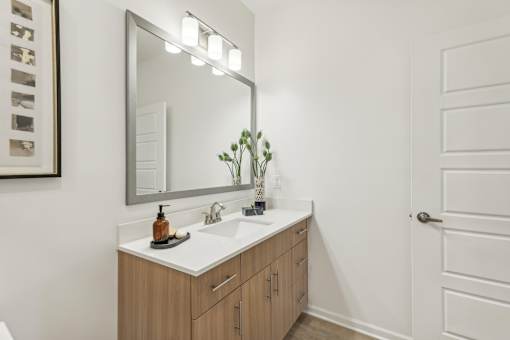 a bathroom with a undermount sink and designer lighting at Tapestry Headwaters in Kissimmee, FL
