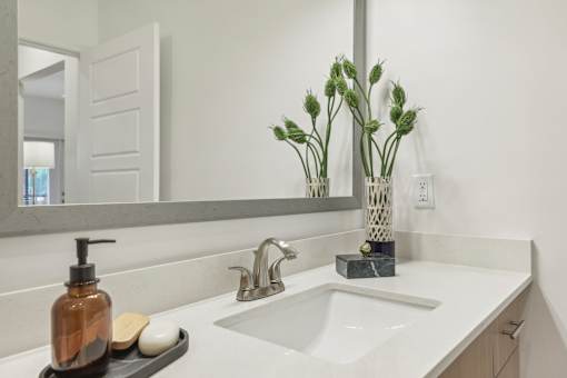 ensuite bathroom with quartz countertops and designer hardware at Tapestry Headwaters Apartments in Kissimmee, FL
