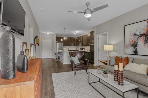 view of kitchen and dining area from the living room