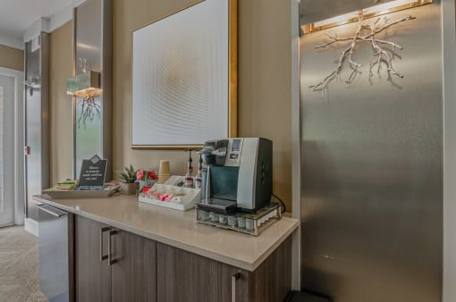 a coffee bar area in the resident clubhouse