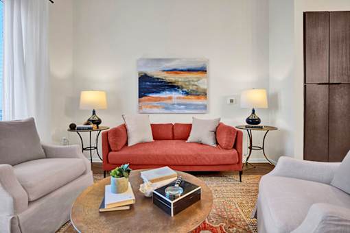 A modern living room with high ceilings