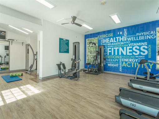 a gym with weights and cardio equipment and a wall mural