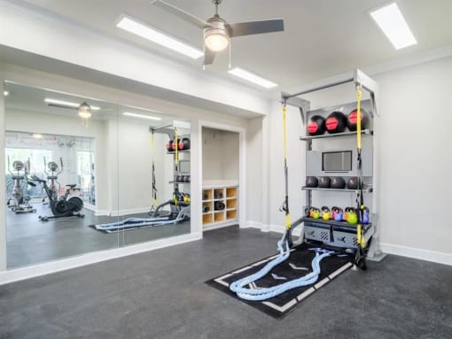 a workout room with weights and a treadmill and a ceiling fan