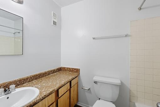 A bathroom with a toilet, sink, and mirror.