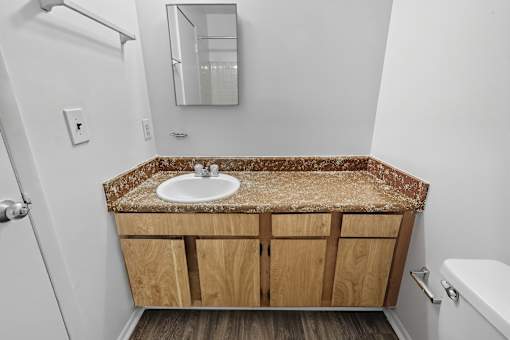 A bathroom with a sink and wooden cabinets.