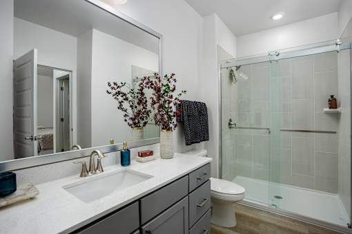A bathroom with a white sink, a mirror, a toilet, and a shower.