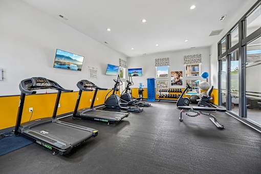 A gym with treadmills, exercise bikes, and other equipment.