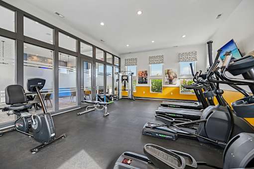 A gym with treadmills, exercise bikes, and other equipment.