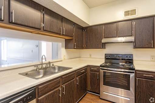 A kitchen with a stove, sink, and cabinets.