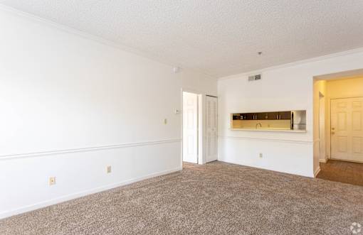 A room with white walls and a carpeted floor.