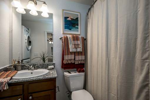 A bathroom with a toilet, sink, and shower curtain.