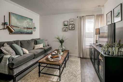 A living room with a grey couch and a coffee table.
