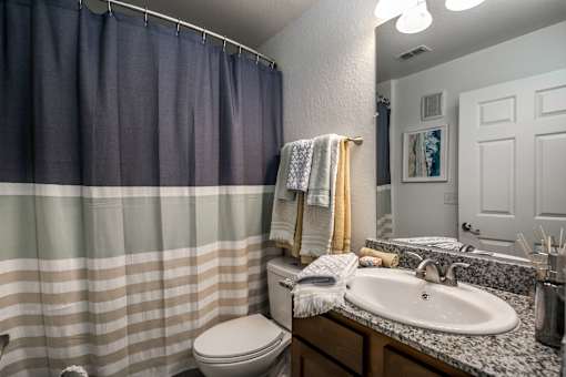A bathroom with a toilet, sink, and shower curtain.