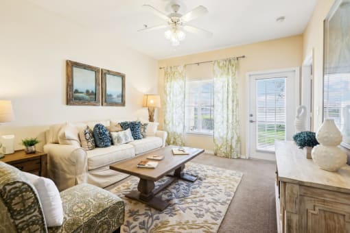 a living room with a couch and a coffee table