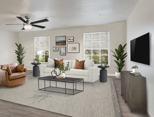 staged living room with open floor plan at The Hub at Palmetto Pointe in Spartanburg, SC