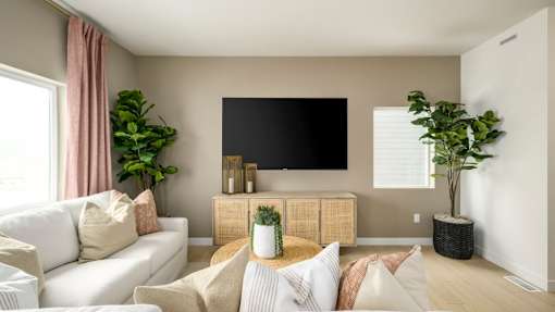 A living room with a white couch, a flat screen TV, and a potted plant.