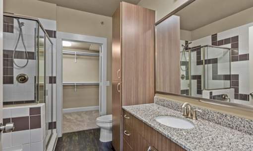 Modern bathroom with granite vanity and walk-in closet at Matilda at Lower Greenville Apartments, Texas, 75206