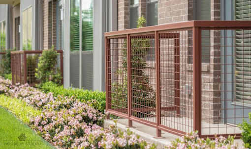 Decorative metal fencing with landscaped flower beds at Matilda at Lower Greenville Apartments, Dallas, TX