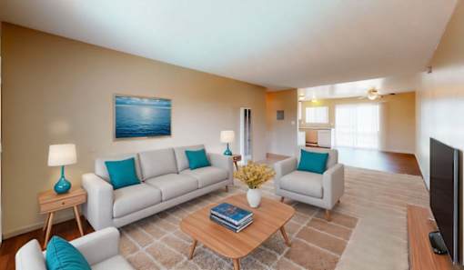 a living room with a couch and a table