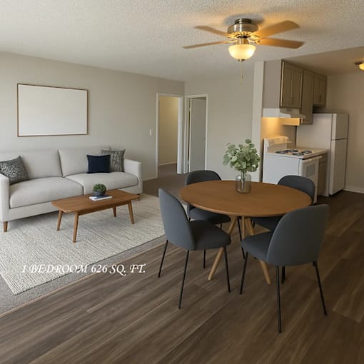 A living room with a dining table and chairs.