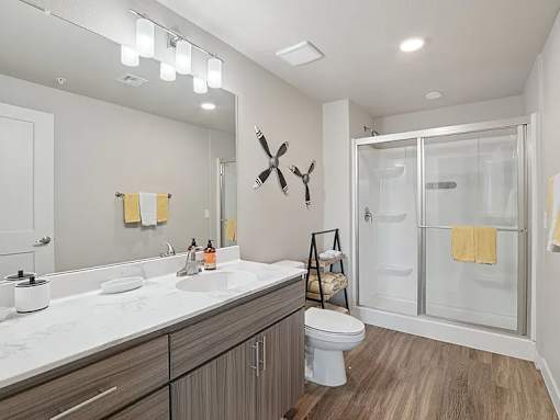 Bathroom with Full-size Mirror at V on Broadway Apartments, Tempe, AZ, 85281