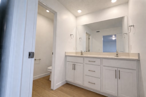 A bathroom with a white vanity and a mirror.
