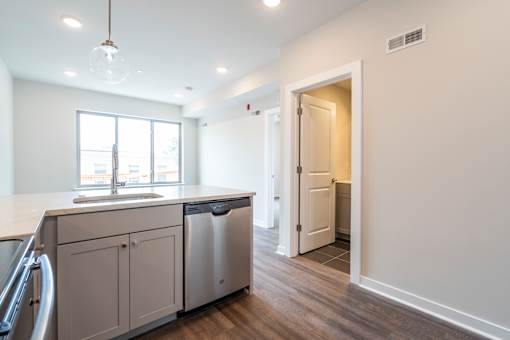A kitchen with a sink, dishwasher, and a window.
