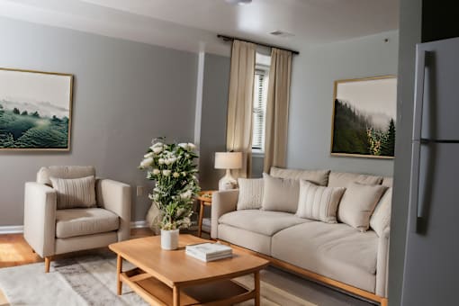 a living room with a couch and a coffee table