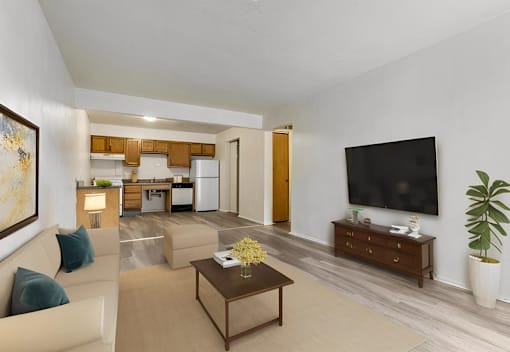 A living room with a couch, coffee table, and television.