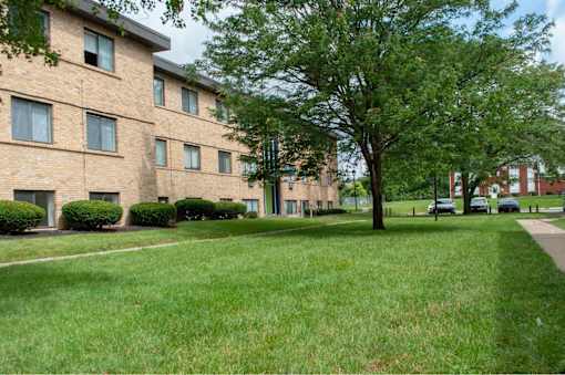 A tree in front of a building with a lawn in front of it.