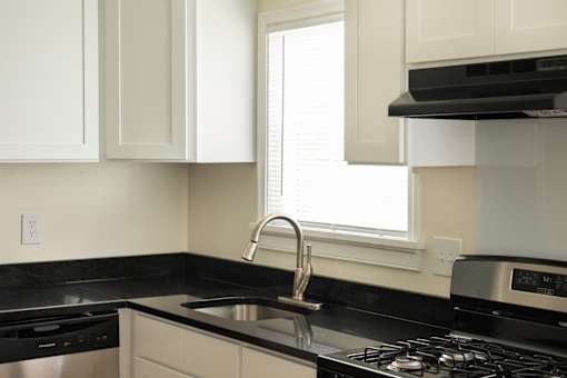 A kitchen with a black countertop and a stainless steel dishwasher.