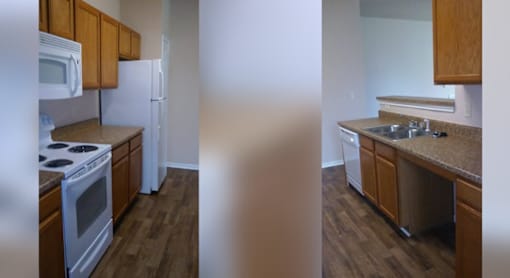 A kitchen with a stove, refrigerator, and sink.