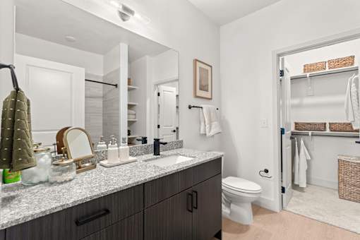 A bathroom with a white toilet and a mirror above a counter.