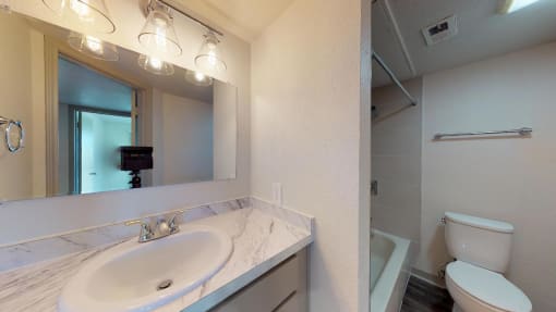 a bathroom with a sink, vanity, tub and toilet