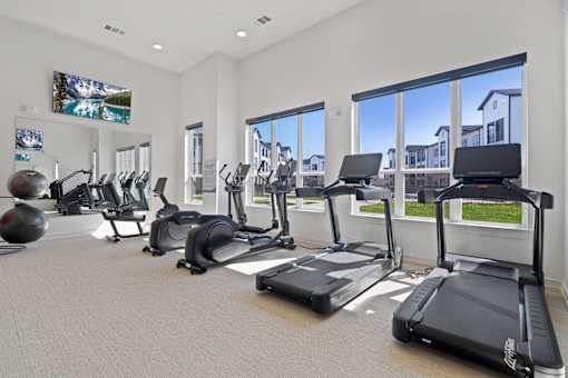 A gym with treadmills, elliptical machines, and exercise balls.