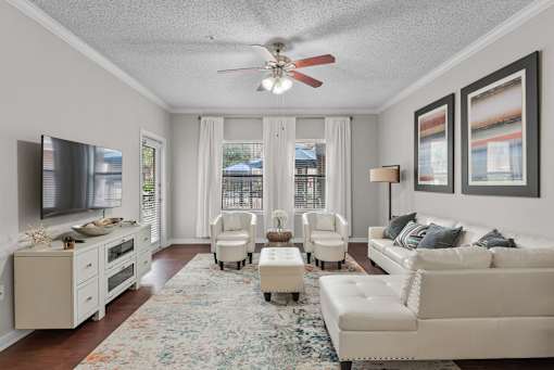A living room with a white couch, a television, and a rug.
