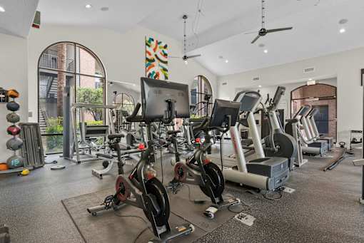 A gym with a variety of exercise equipment including treadmills, stationary bikes, and weight machines.
