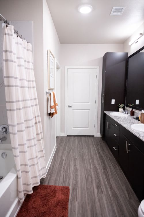 A bathroom with a white shower curtain and a red rug. at Enclave on Ross Apartments, Del Valle78617