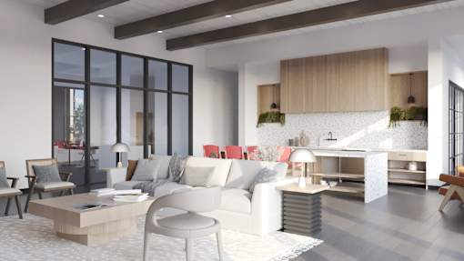 A modern living room with a white sofa and a coffee table. at Enclave on Ross Apartments, Texas, 78617