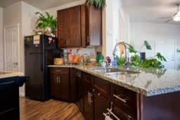 A kitchen with a black refrigerator and wooden cabinets.