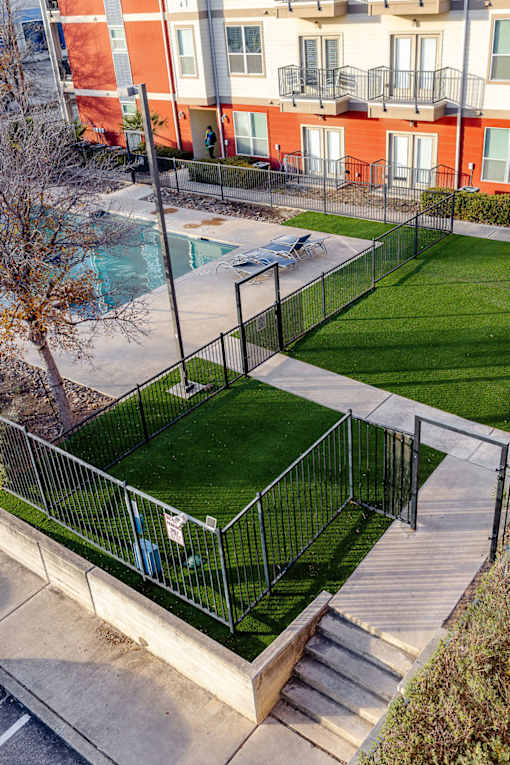 A small green area surrounded by a fence.