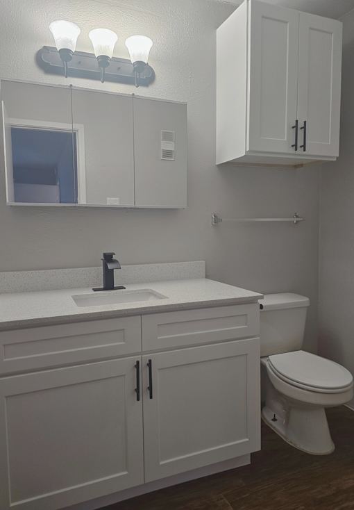 a bathroom with white cabinets and a toilet and sink