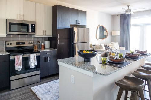 A modern kitchen with a refrigerator, stove, and oven at Enclave on Ross Apartments, Del Valle78617
