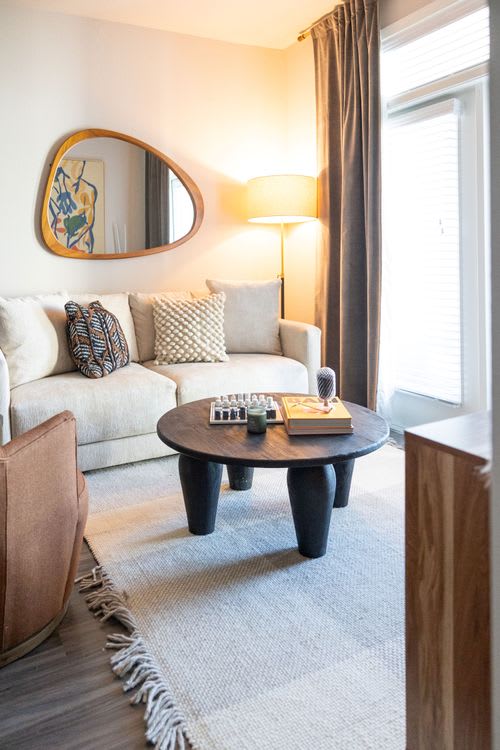 A living room with a white couch, a round mirror, a coffee table, and a rug. at Enclave on Ross Apartments, Texas