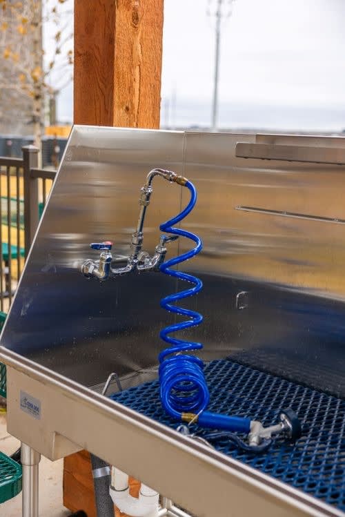 A blue spring is attached to a metal surface.