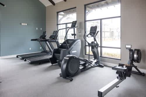 A gym with treadmills, elliptical machines, and a weight machine.