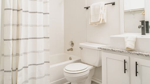 a white bathroom with a shower and a toilet