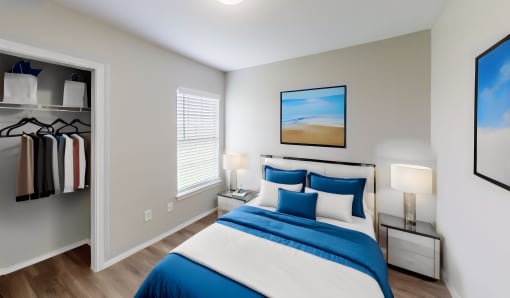 a bedroom with a bed and a closet
