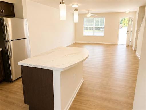 A kitchen with a refrigerator and a countertop.