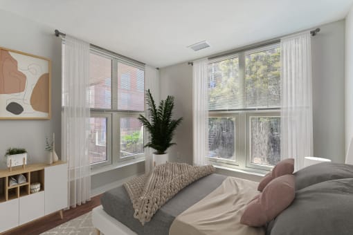 a bedroom with large windows and a bed and a potted plant